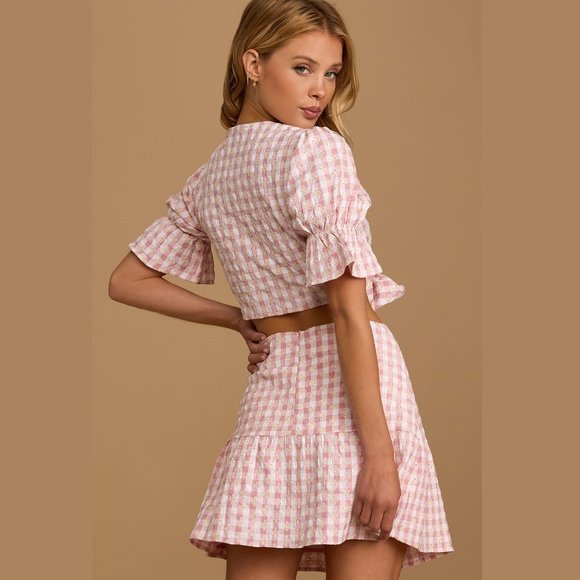 Lulus Patio Cutie Embroidered Pink Gingham Tie Front Top & Mini Skirt Set XS - Picture 5 of 16